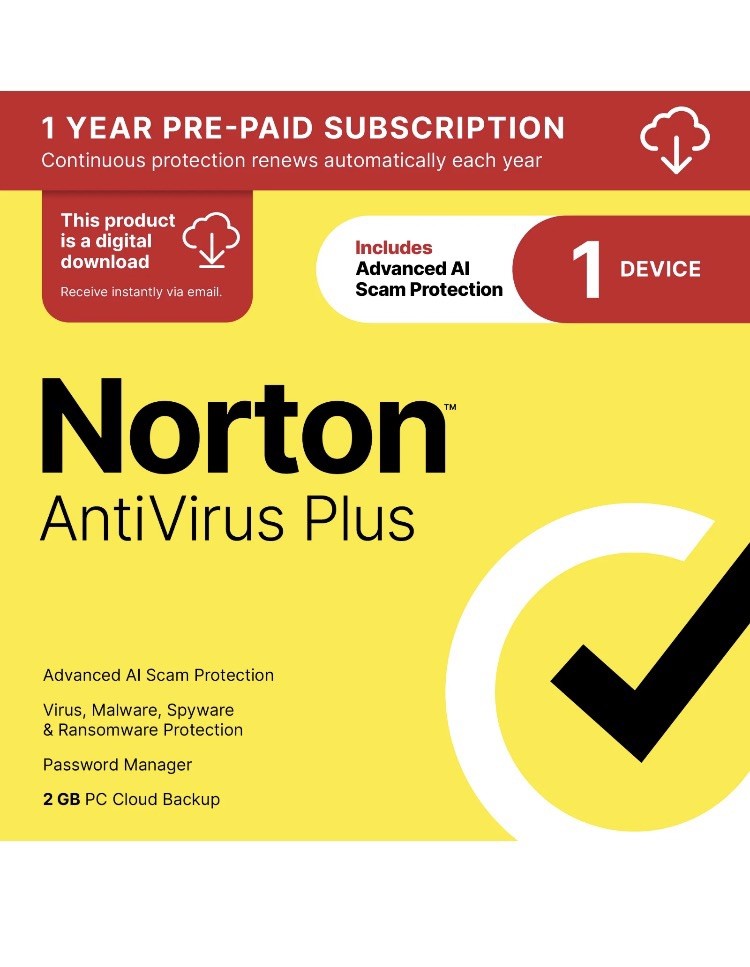 Norton Antivirus Plus 2026 | 1 Device | Digital Download Code Sent by Email