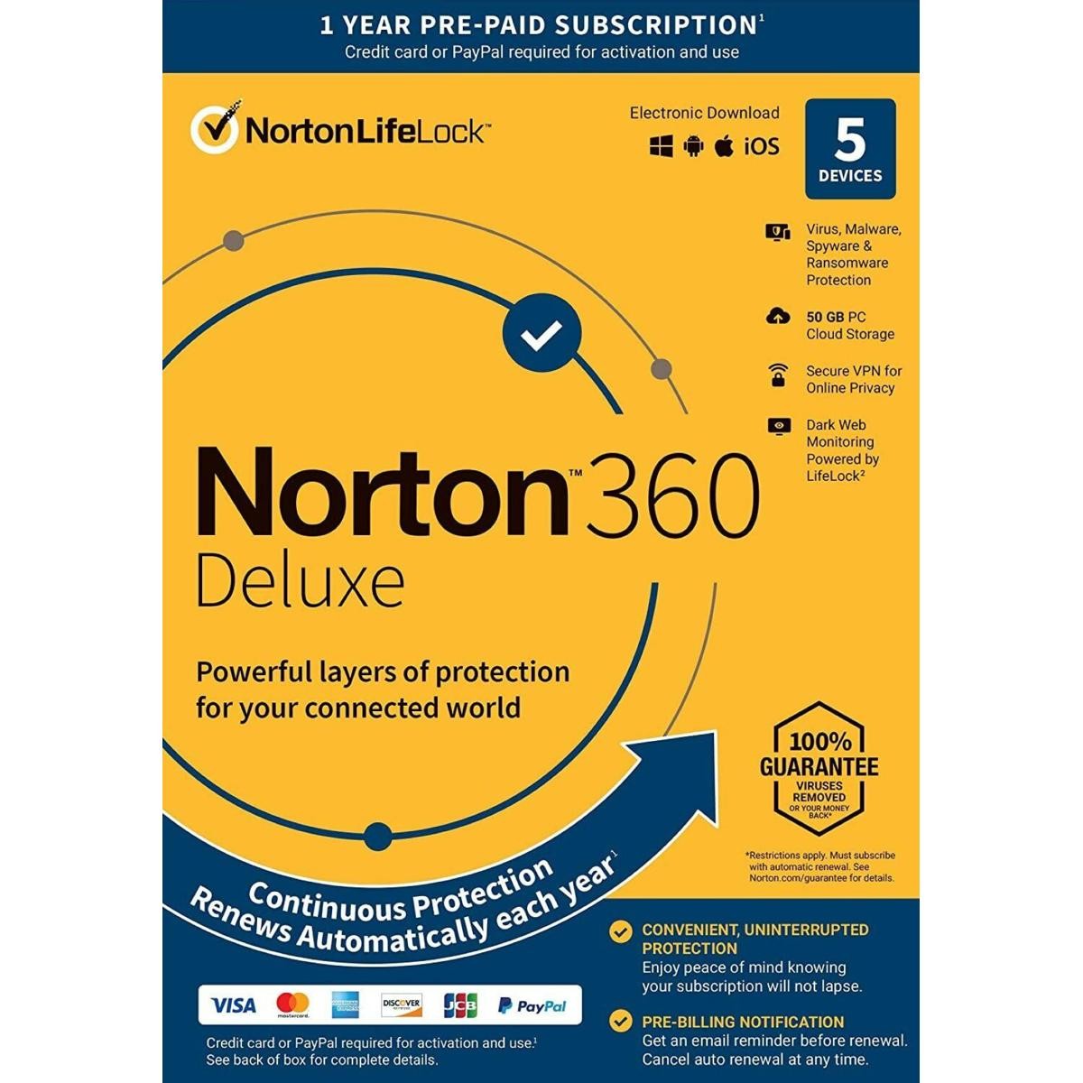 Norton 360 Deluxe 1-Year Security Software License, 5-Devices, Key Card