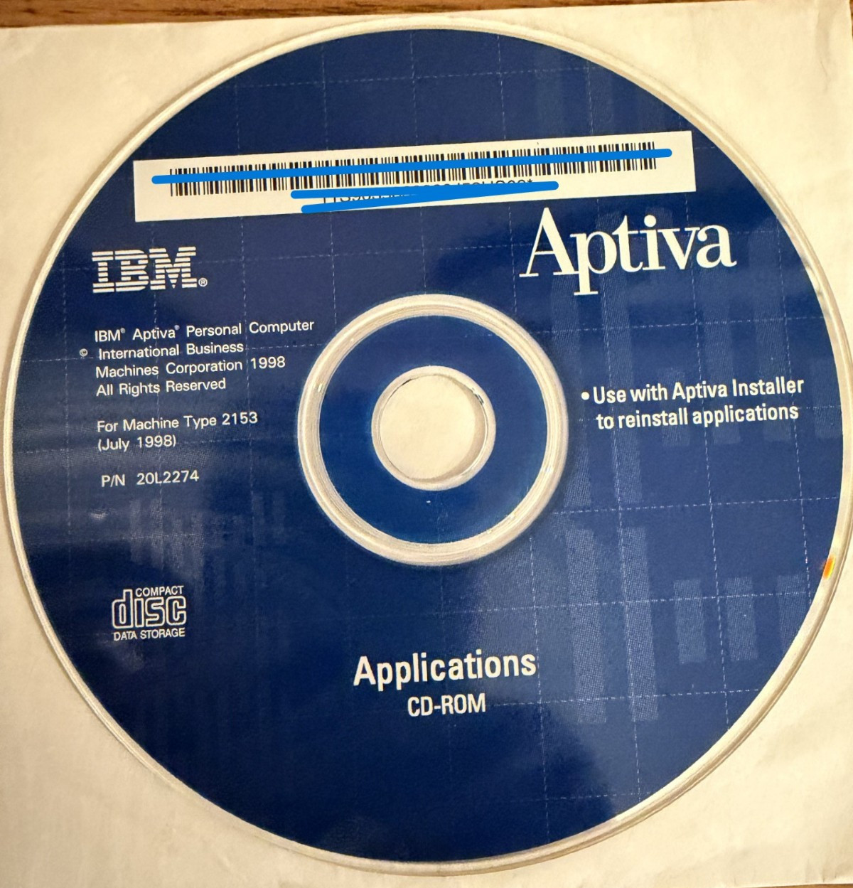 IBM Aptiva Product Recovery &Diagnostics CD + Applications CD-ROM Model 2158