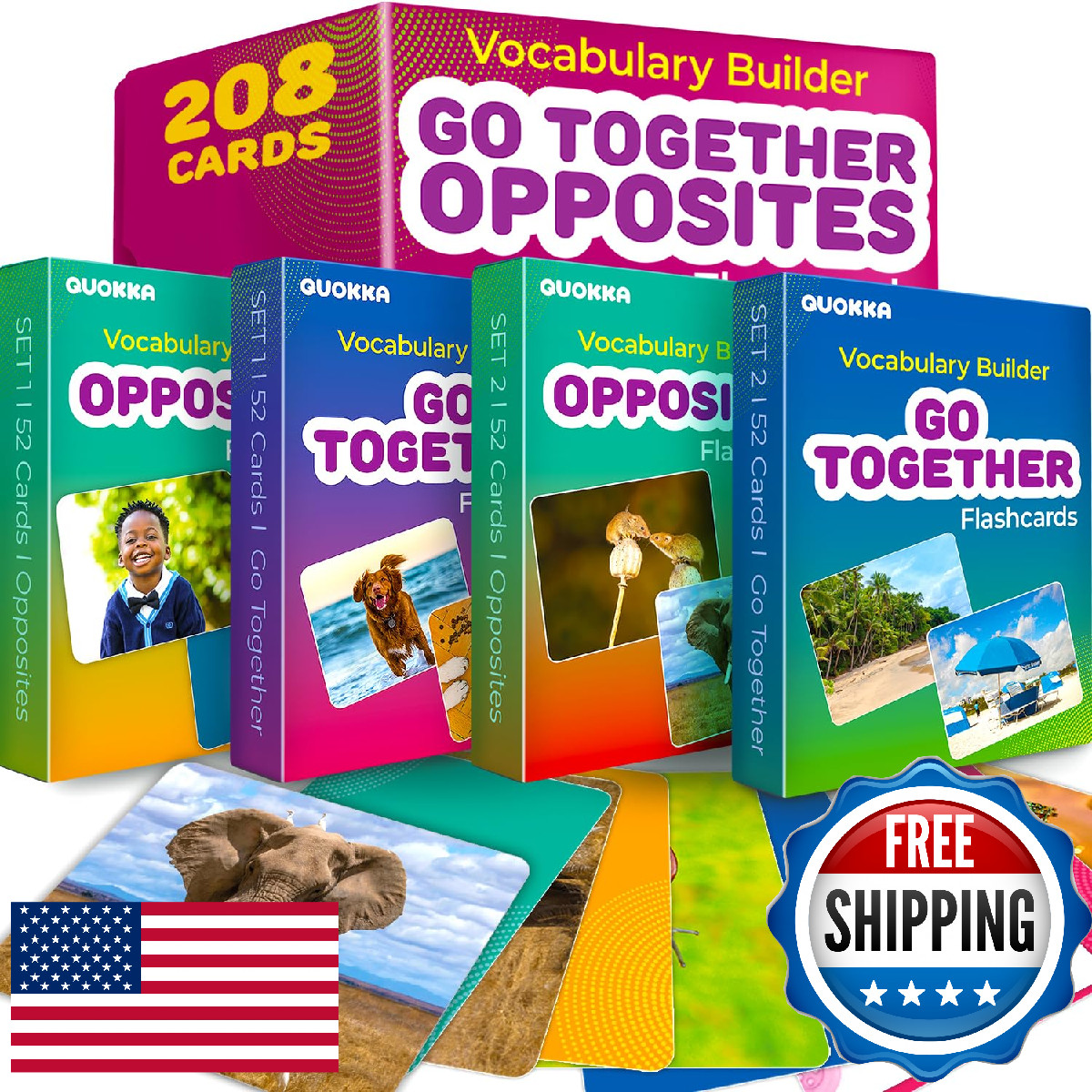 QUOKKA 208 Vocabulary Flash Cards Set – Go Together & Opposites Matching Cards