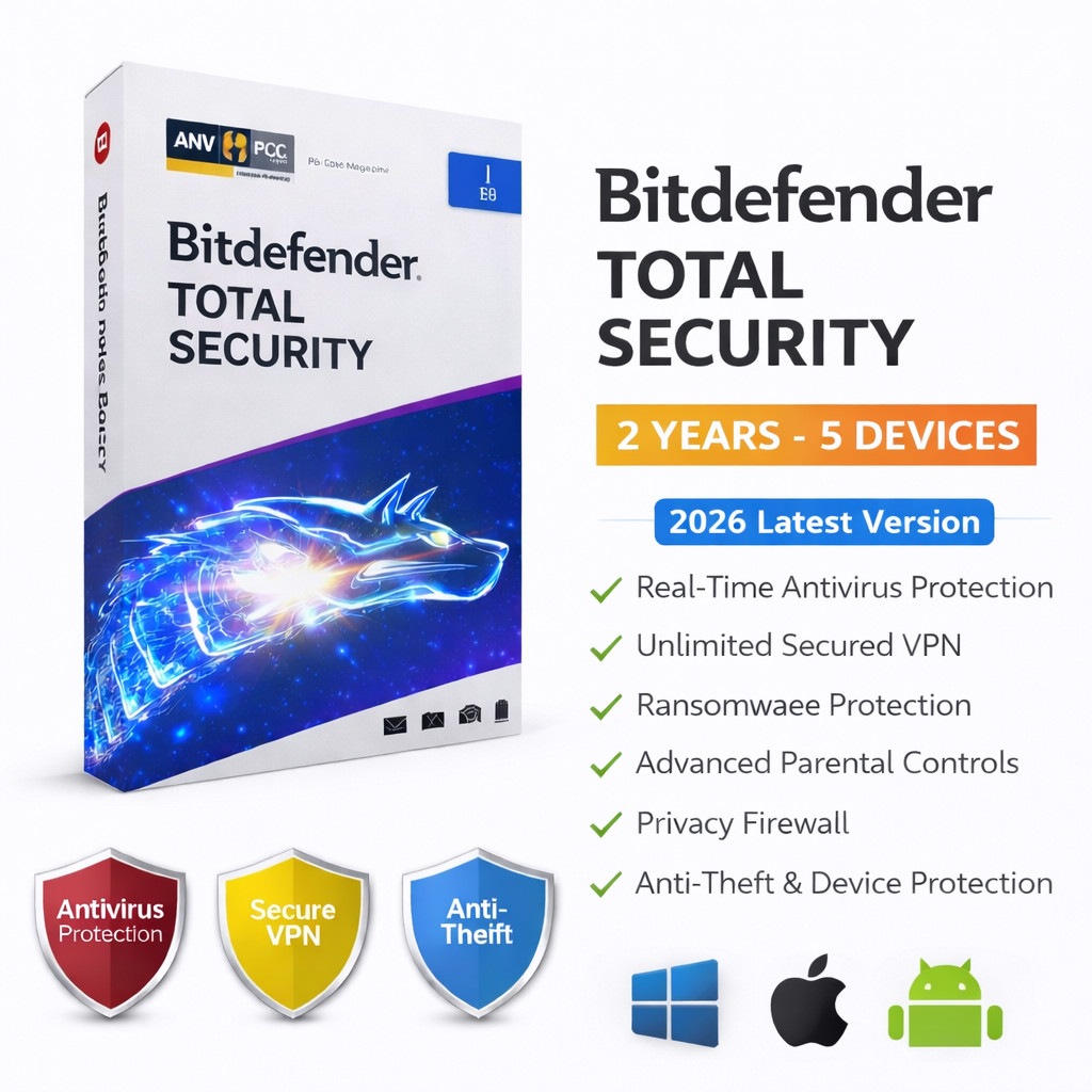 Bitdefender Total Security 2026 – 2 Years 5 Devices (WINDOWS,MAC,ANDROID)