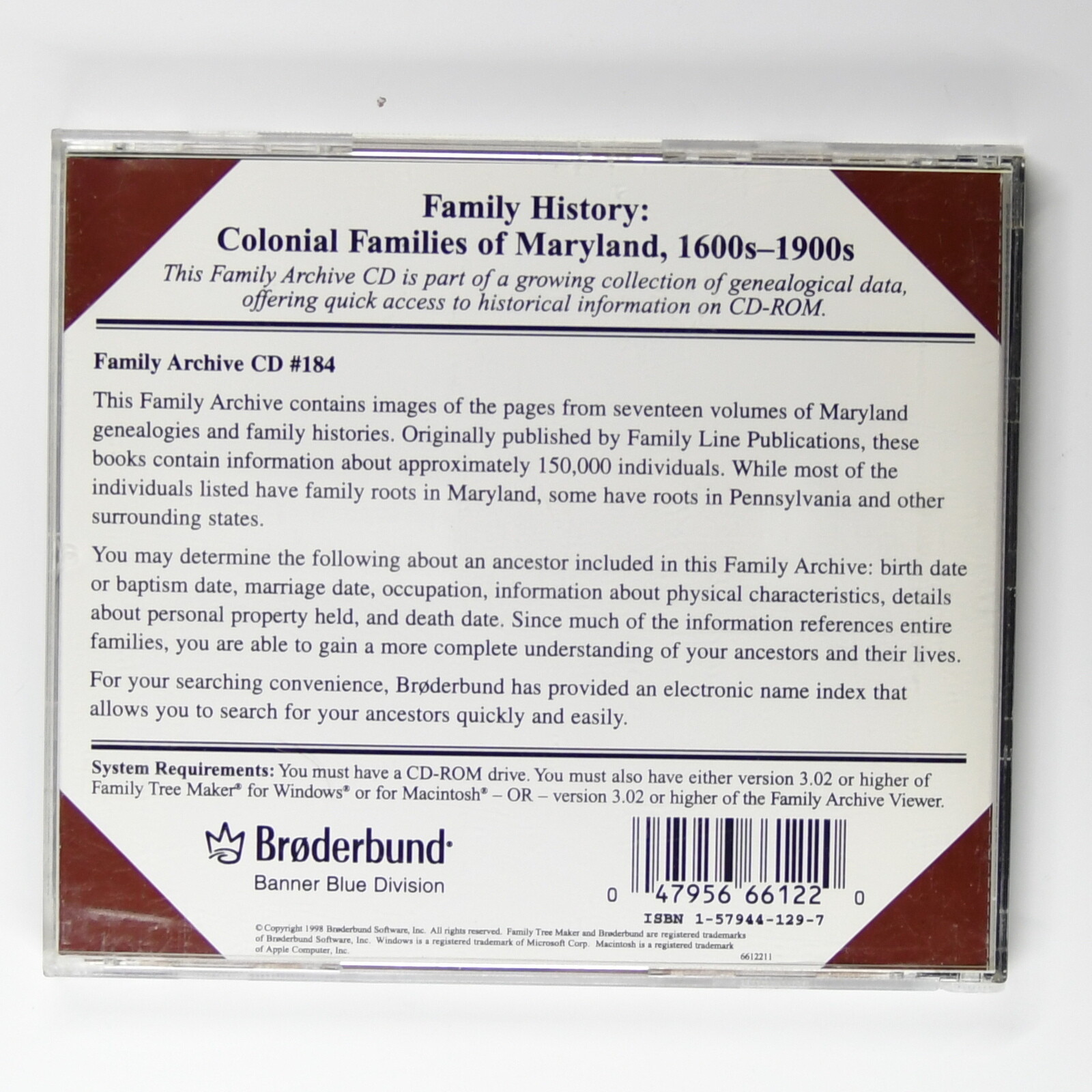 Broderbund Family Tree Maker CD # 184 Maryland Family Histories 1600s-1900s