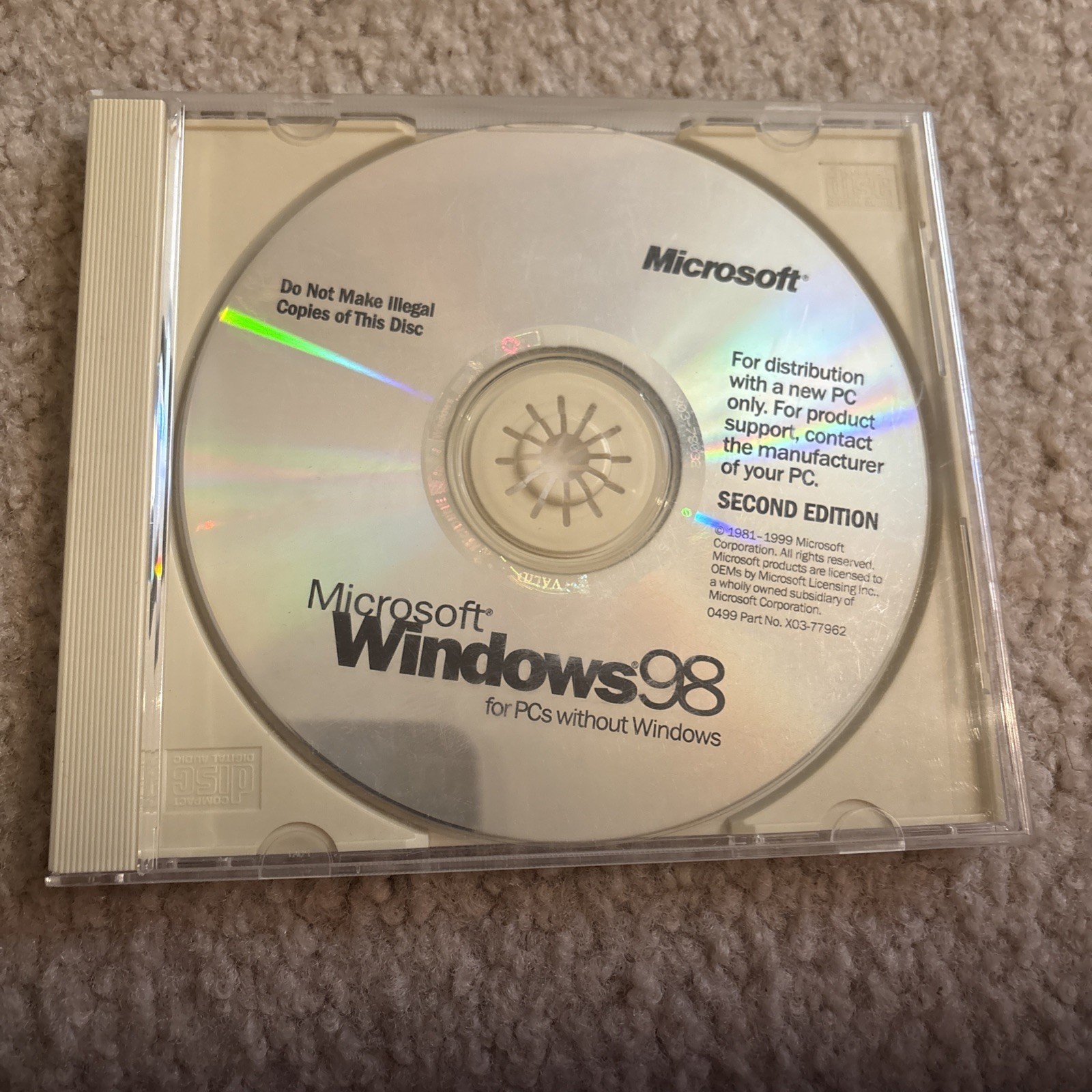 Microsoft Windows 98 (Microsoft, 1998, CD-ROM) No Key Included – Pre-Owned