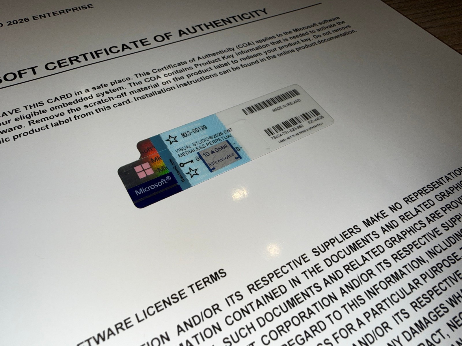 Visual Studio 2026 Enterprise Perpetual Authentic License MX3-00199 CoA Physical