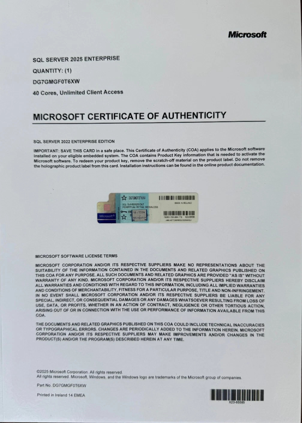 Microsoft SQL Server 2025 ENTERPRISE 40 Core Unlimited User CALs CoA GENUINE