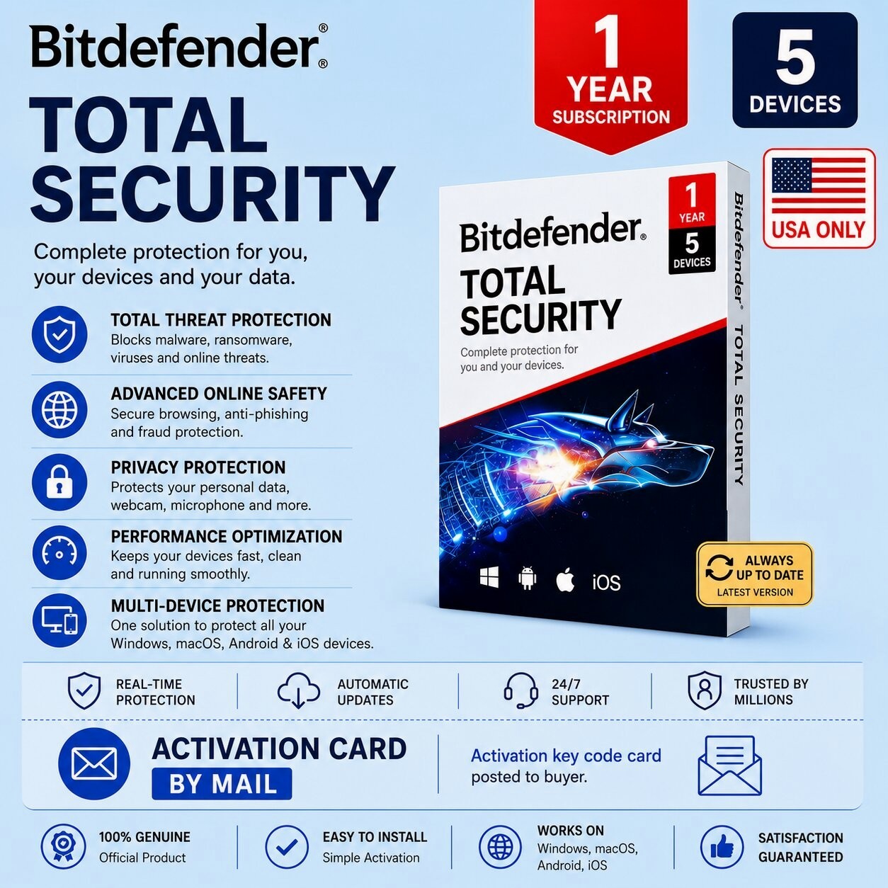 Bitdefender Total Security 2026 – 1 Year 5 Devices (LATEST VERSION) USA ONLY