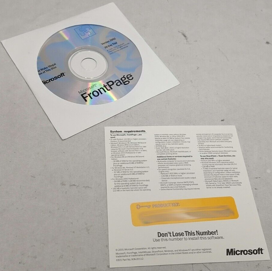 Microsoft FrontPage Version 2002 30-Day Trial CD P/N: X08-03518