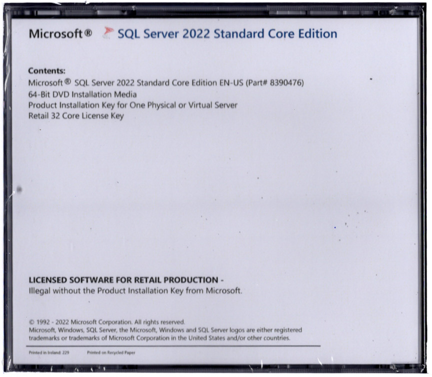 Microsoft SQL Server 2022 Standard w 32 Core License, Unl CALs. Authentic, New