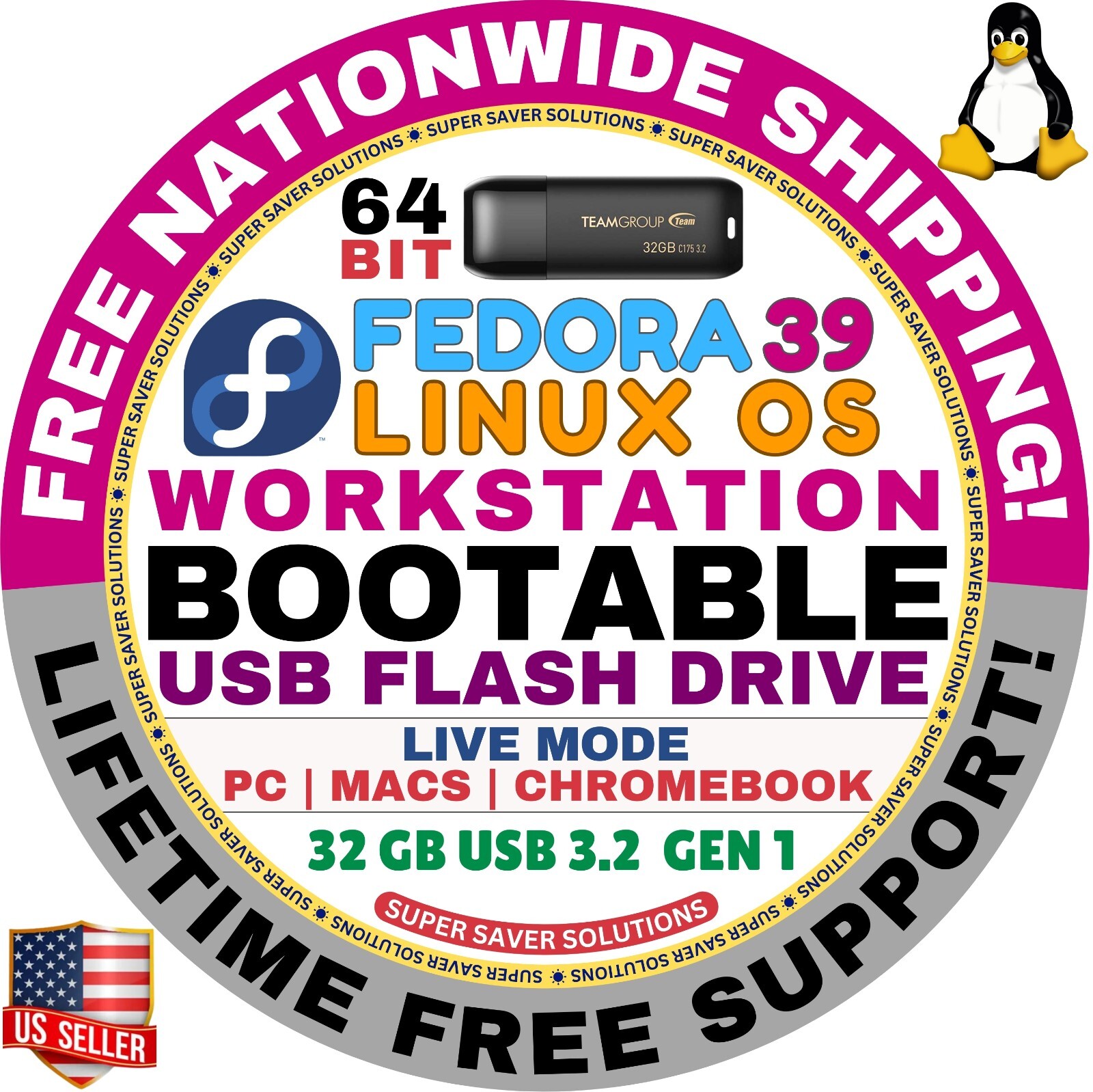 LINUX FEDORA 39 WORKSTATION BOOTABLE USB DRIVE | 64-BIT, Live Mode | MAC, PC