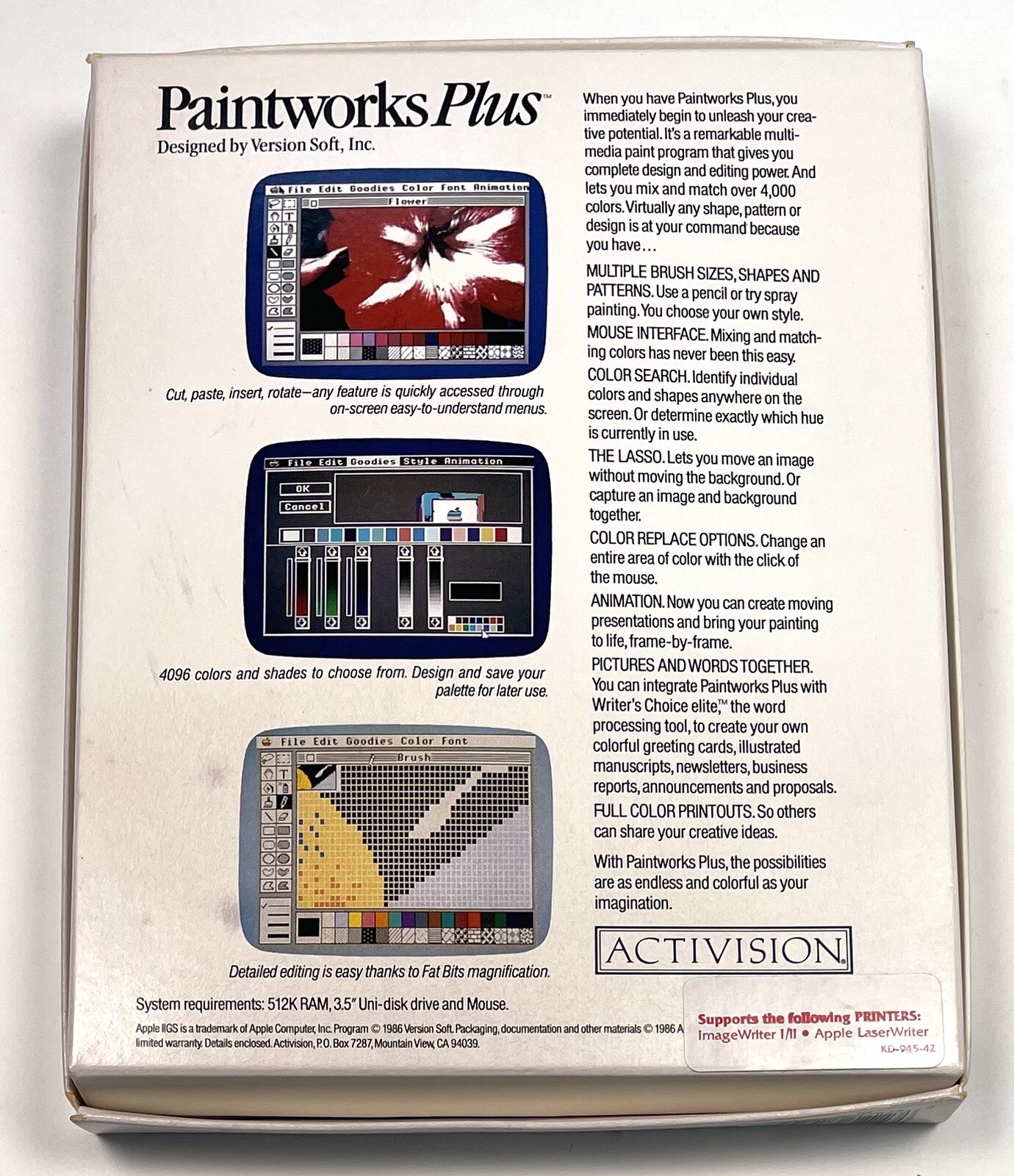 VTG 1986 ActiVision Apple II GS PAINTWORKS PLUS Software w/ Book COMPLETE EUC