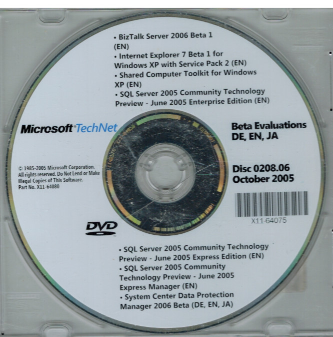 Microsoft TechNet Evaluation Software DVD-ROM (2005) IE7 BizTalk Server SQL