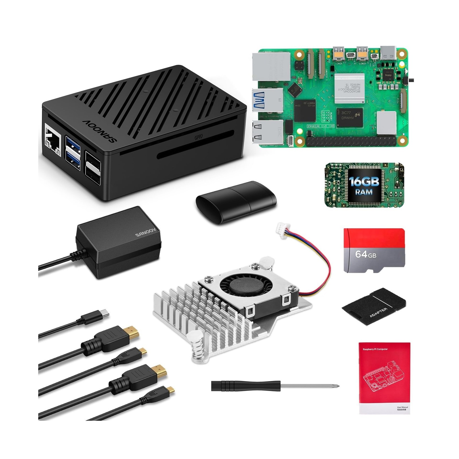 Starter Kit for Raspberry Pi 5 16GB RAM with Active Cooler,27W 5.1V5A Pi 5 Po…