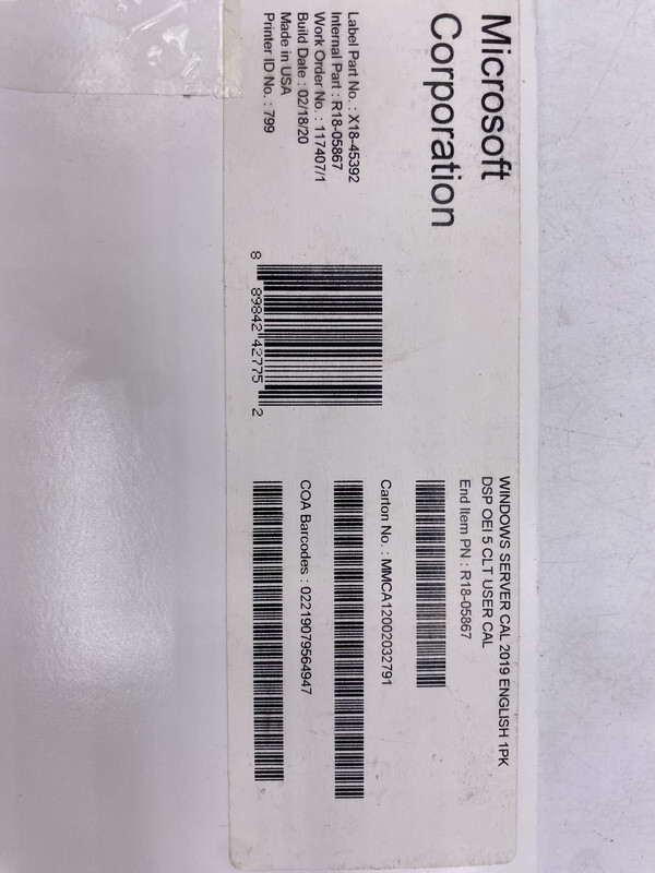 MICROSOFT OEM R18-05867 MICROSOFT SERVER 2019 5 USER CAL LICENSE