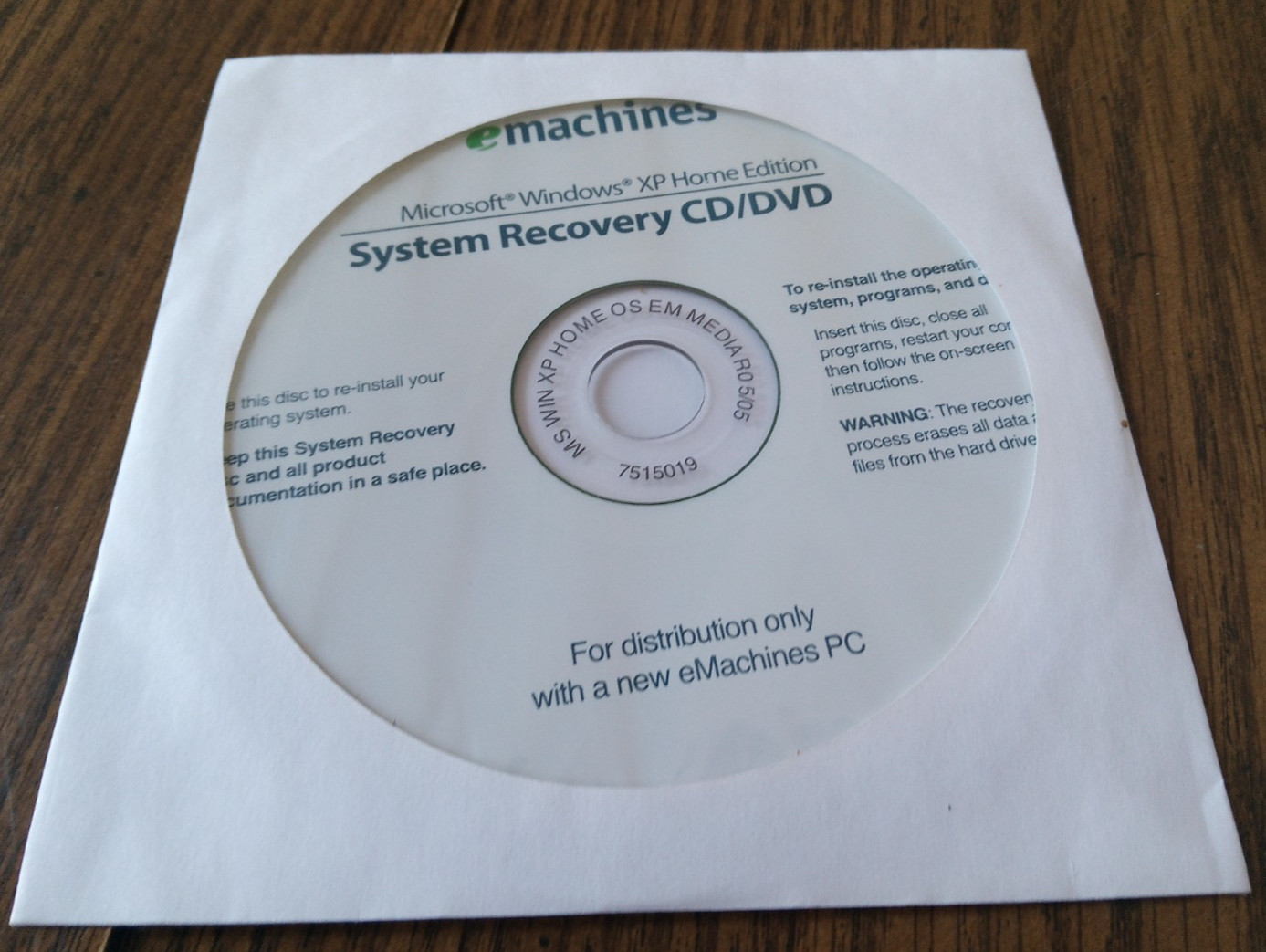 E Machines System Recovery CD/DVD For E Machine PC’s Sealed Disc