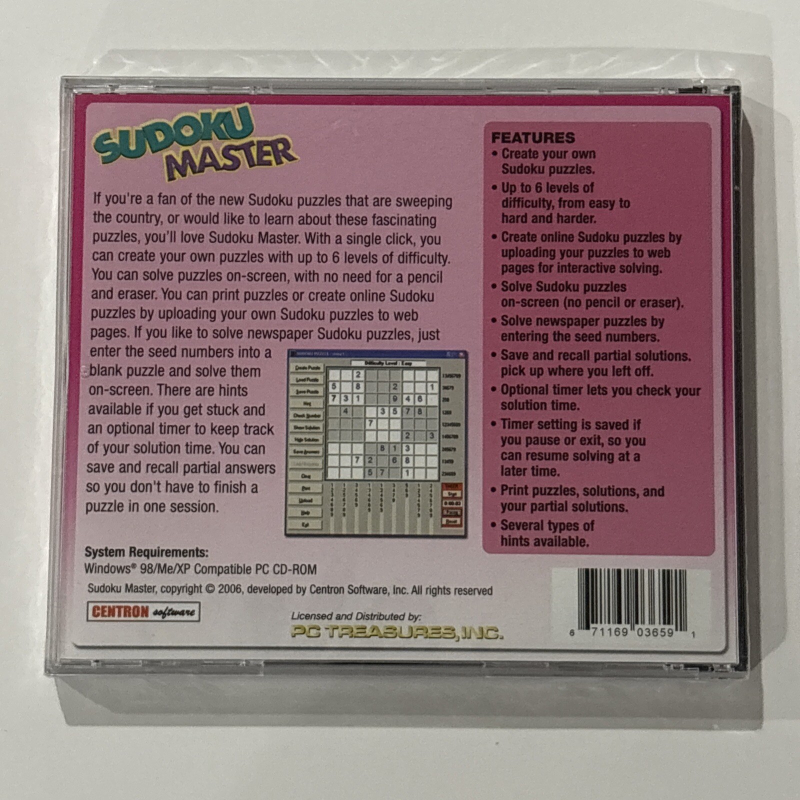 Centron SUDOKU Master 600 Unique Puzzles PC CD-ROM for Windows 98/Me/XP – NEW