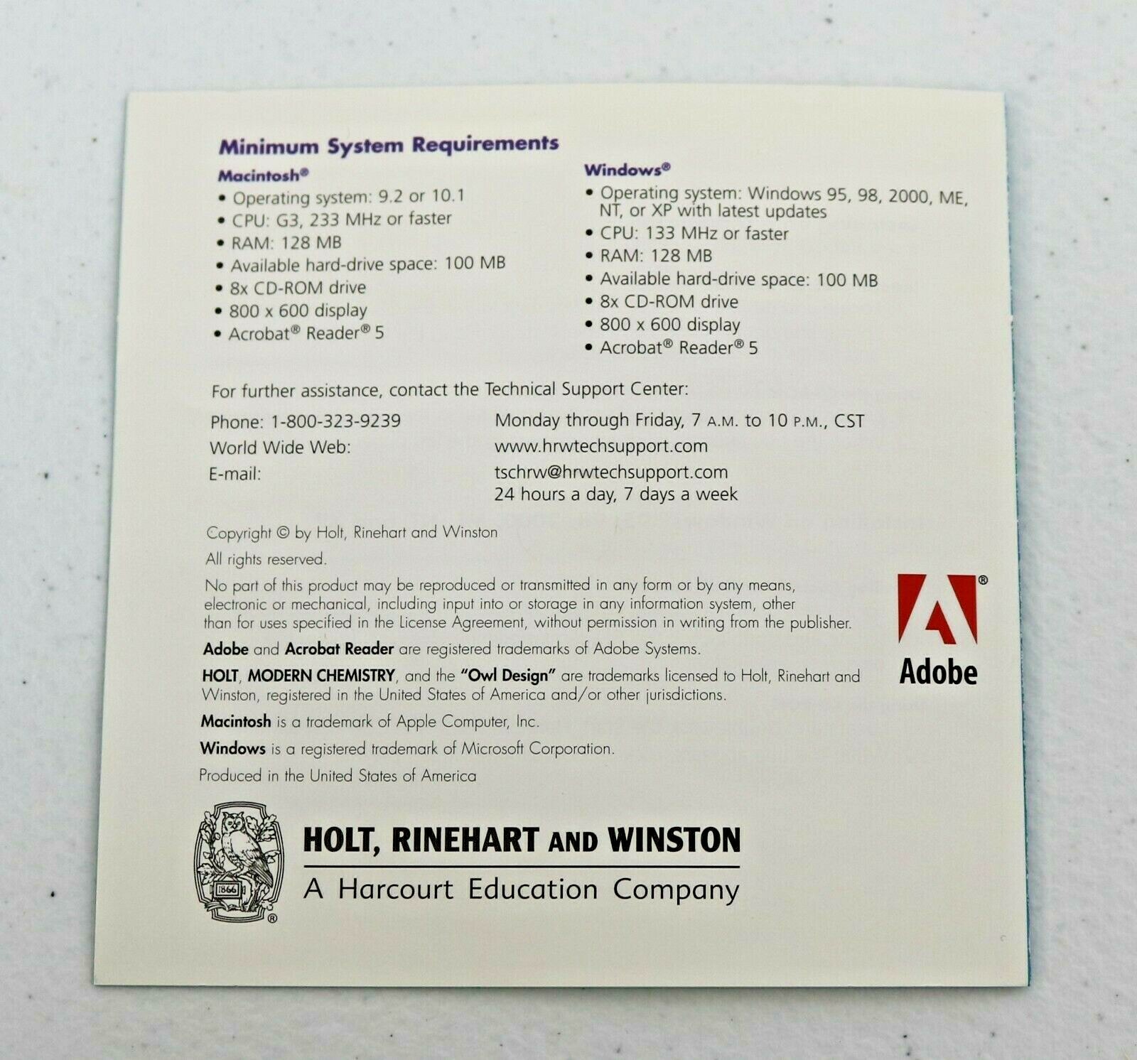 MODERN CHEMISTRY STUDENT EDITION CD-ROM HOLT RINEHOLT WINSTON 9780030368110 NEW