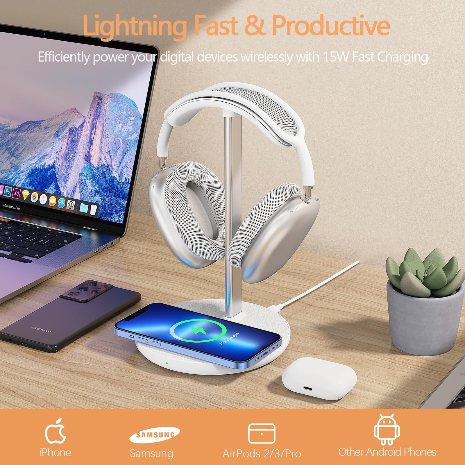 Headphone Stand with Wireless Charger, Gaming Headset Holder Hanger Rack 2 in…