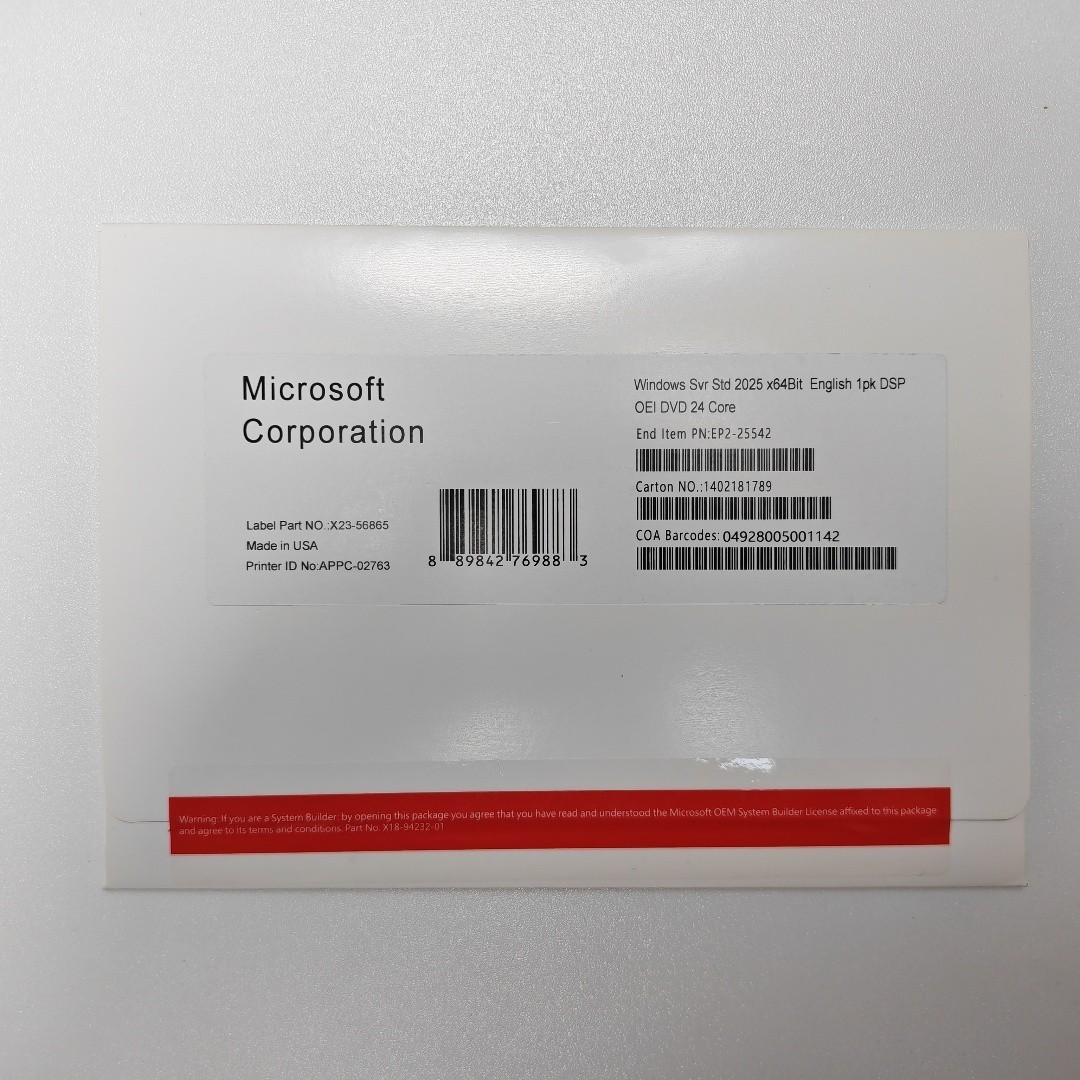 Microsoft Windows Server 2025 Standard 24 Core 64-Bit DVD Edition