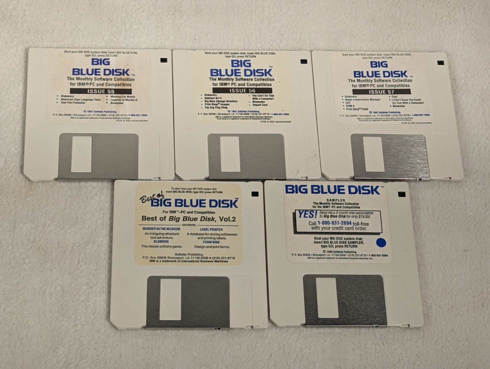 Lot of 5 Big Blue Disk IBM PC Monthly 3.5″ Floppy Disks #55 #56 #57 Sampler Best