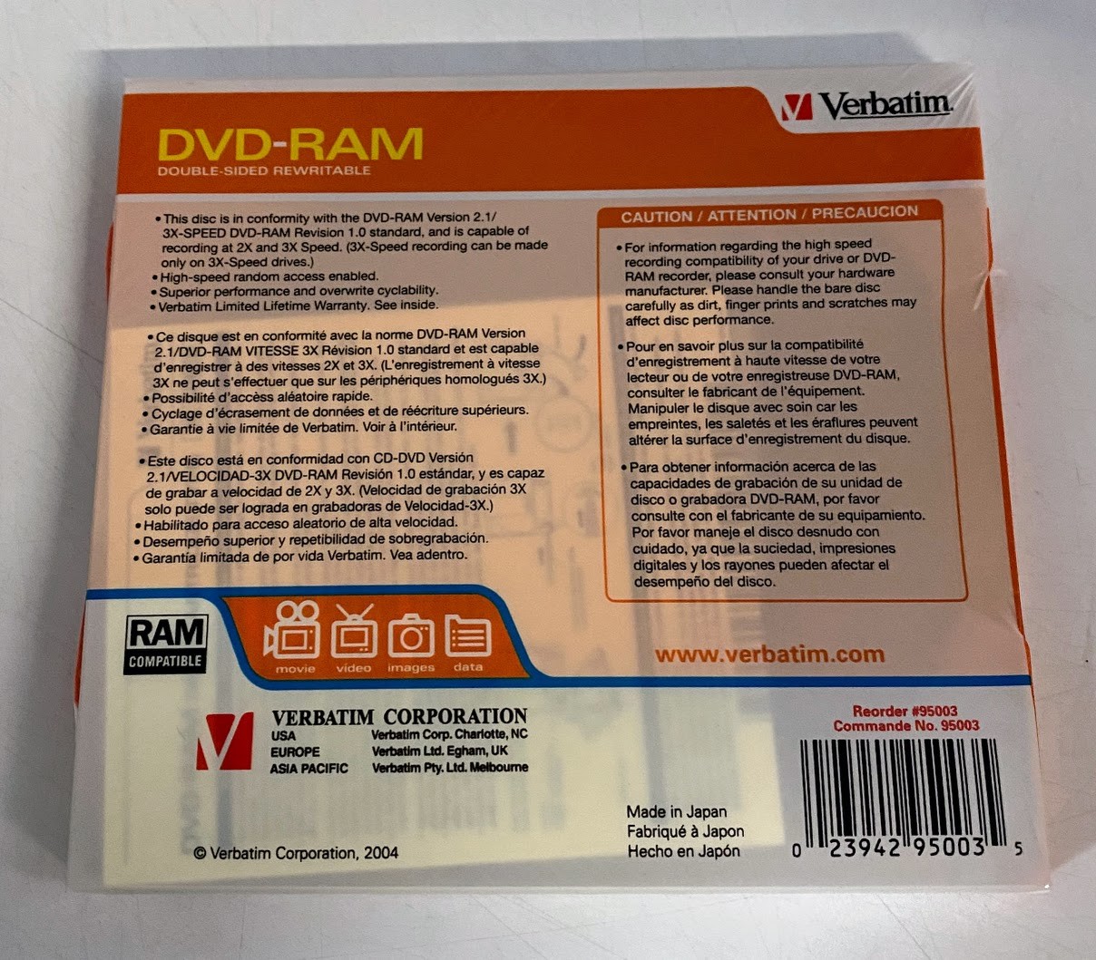 Verbatim 95003 DVD-RAM 9.4GB Double-Sided 3x Rewritable Disc Type 4 Cartridge​