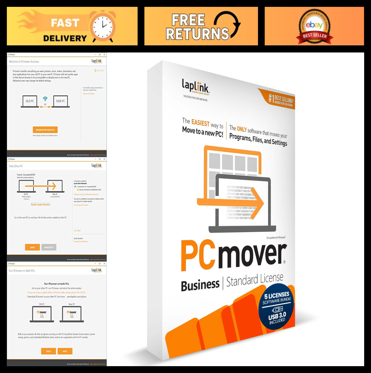 PC Migration Software with USB 3.0 Cable – Pay-Per-Use License, 5 Users, Fast Tr
