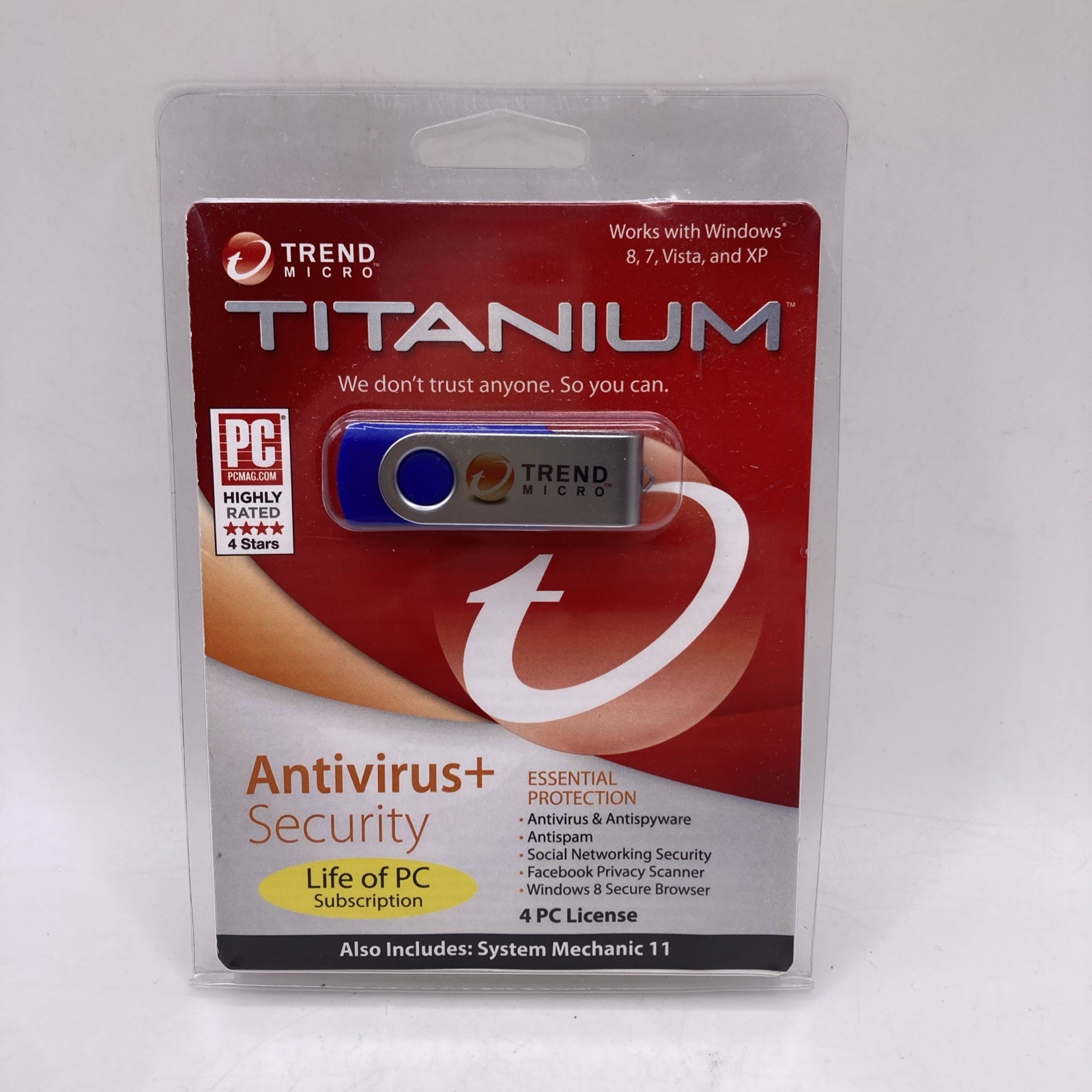 Trend Micro Titanium Antivirus+ Lifetime 4 PC License USB Windows 8 7 Vista XP