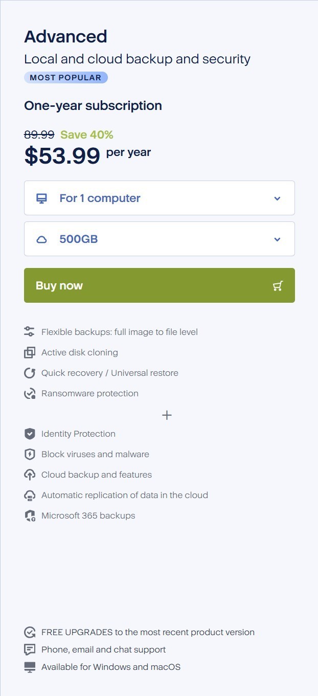 Acronis Cyber Protect Home Office 1 PC/MAC Advanced Version 1yr. 500GB Cloud