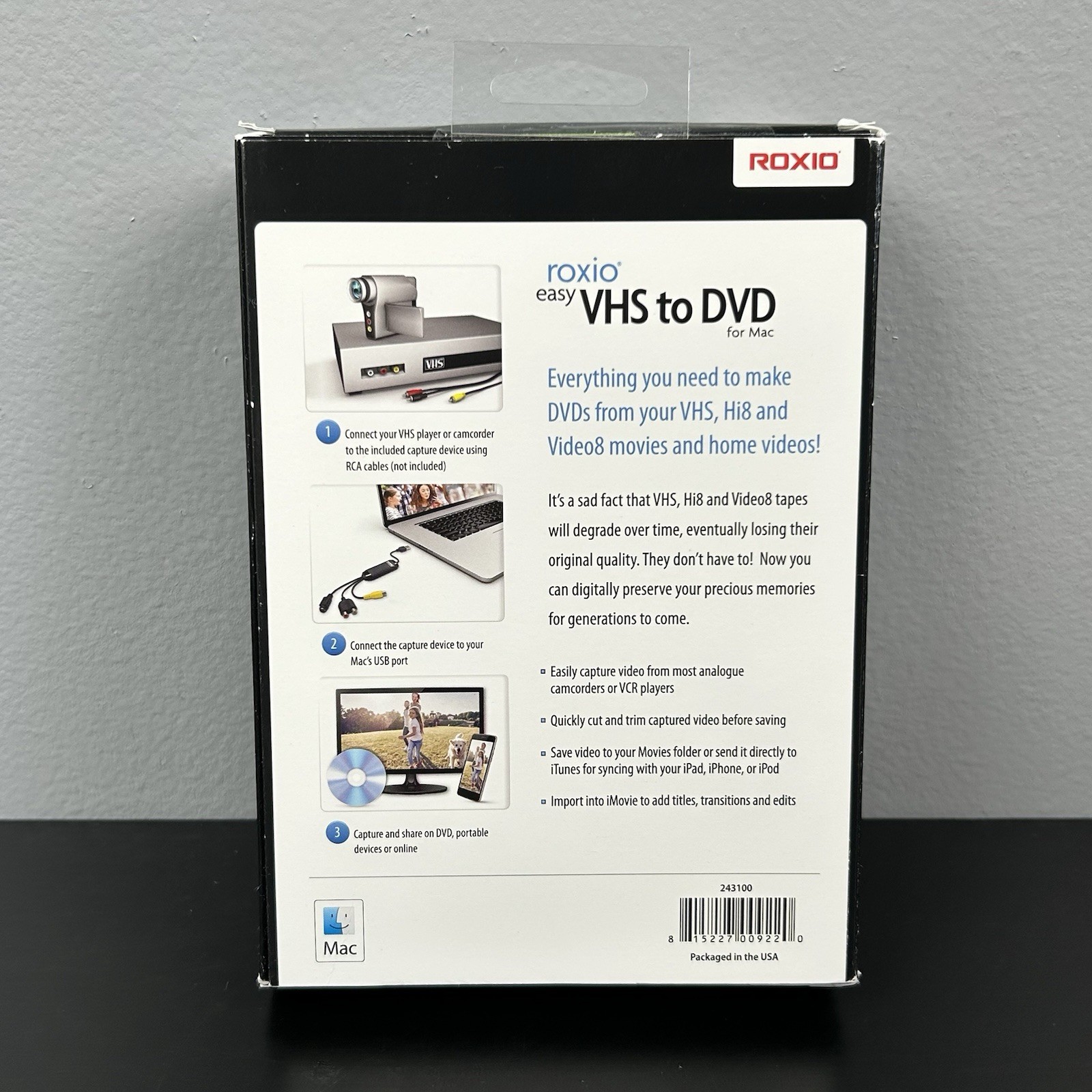 Roxio Easy VHS to DVD for Mac 243100 Convert VHS Hi8 Video8 Tapes to DVD – New