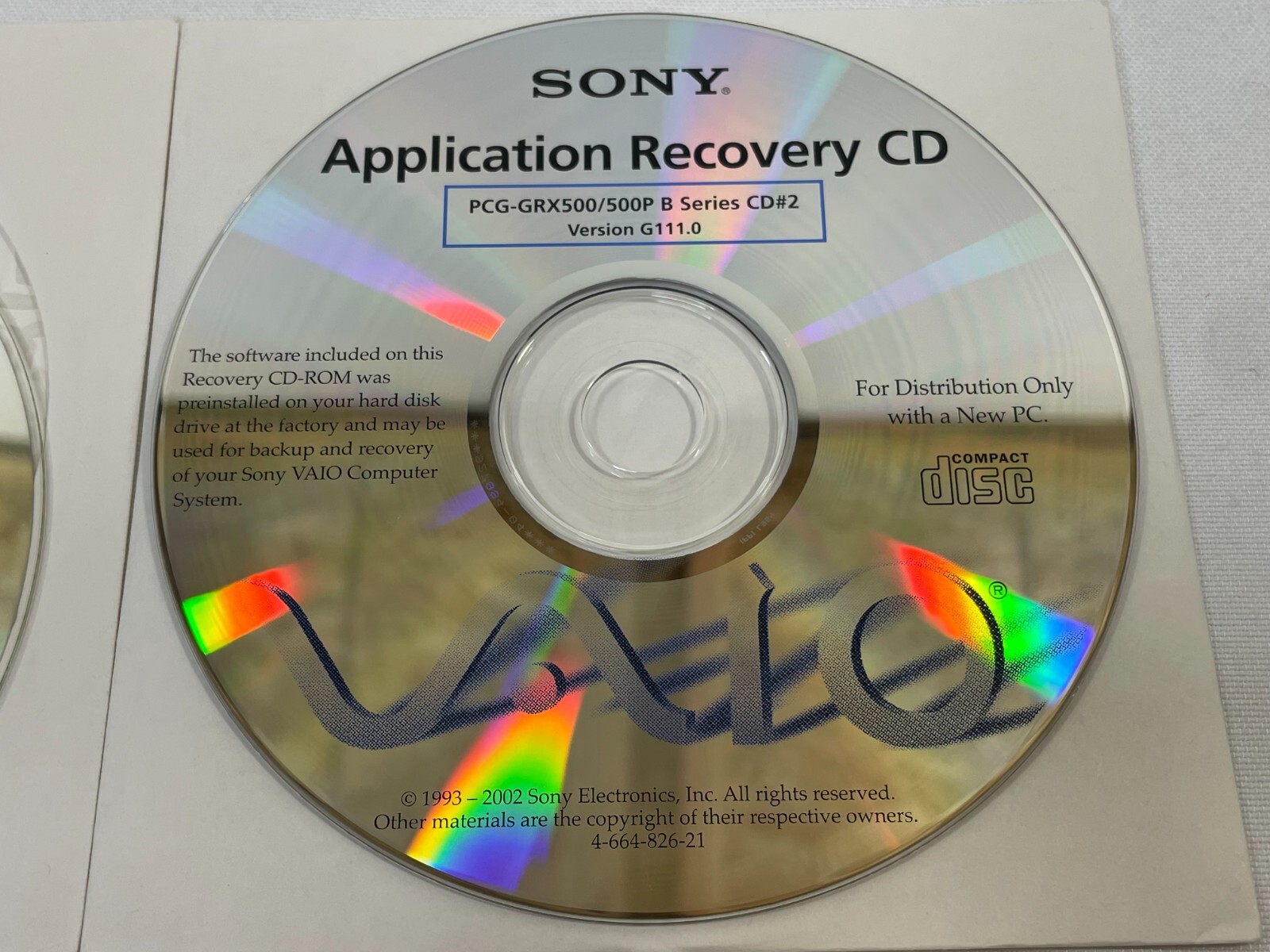 Sony Vaio Application Recovery CD PCG-GRX500/500P Series CD 1 & 2 Ver. G96.0