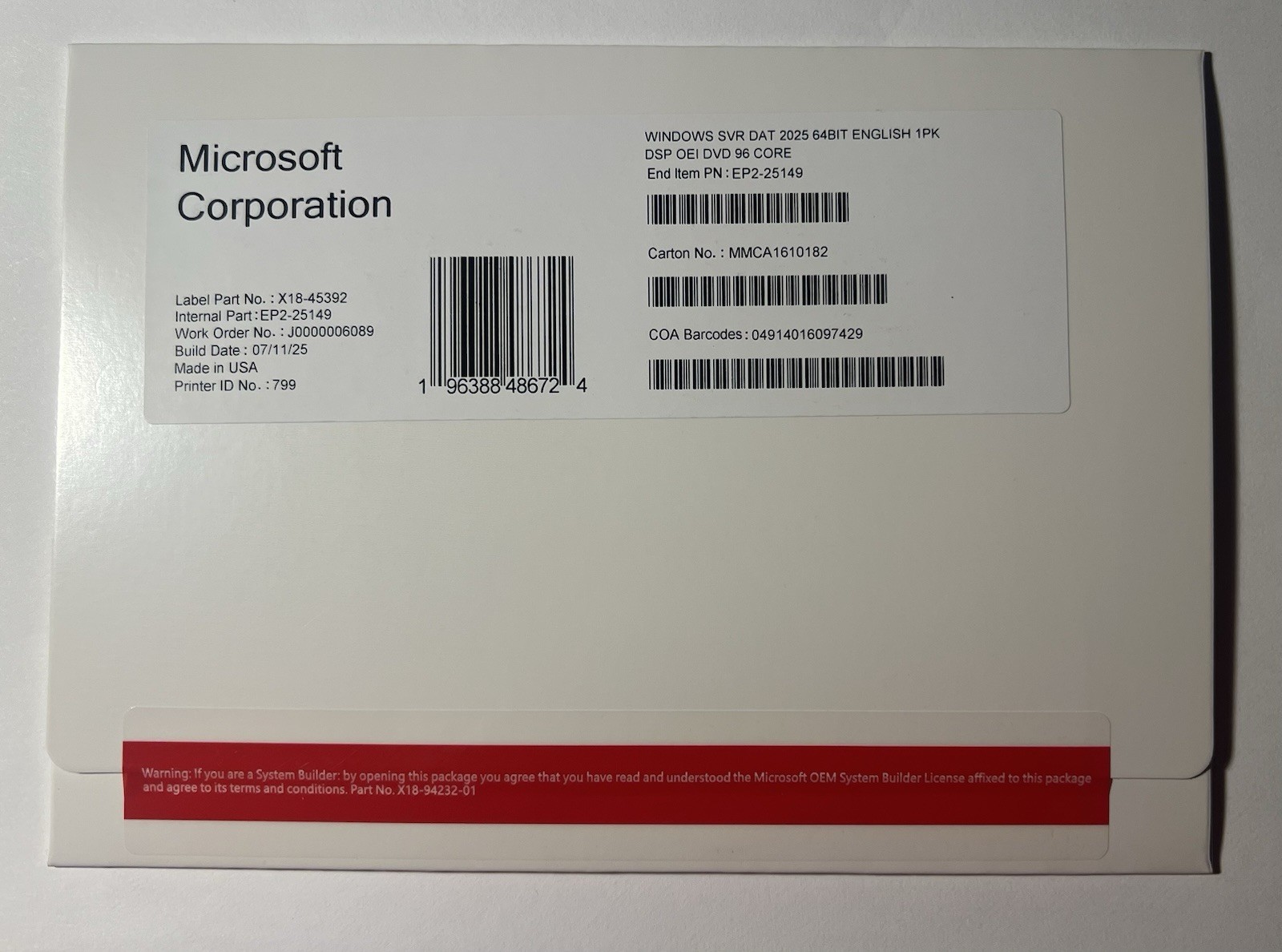 Microsoft Windows Server 2025 Datacenter 96 Core DVD+ License Key (NEW)