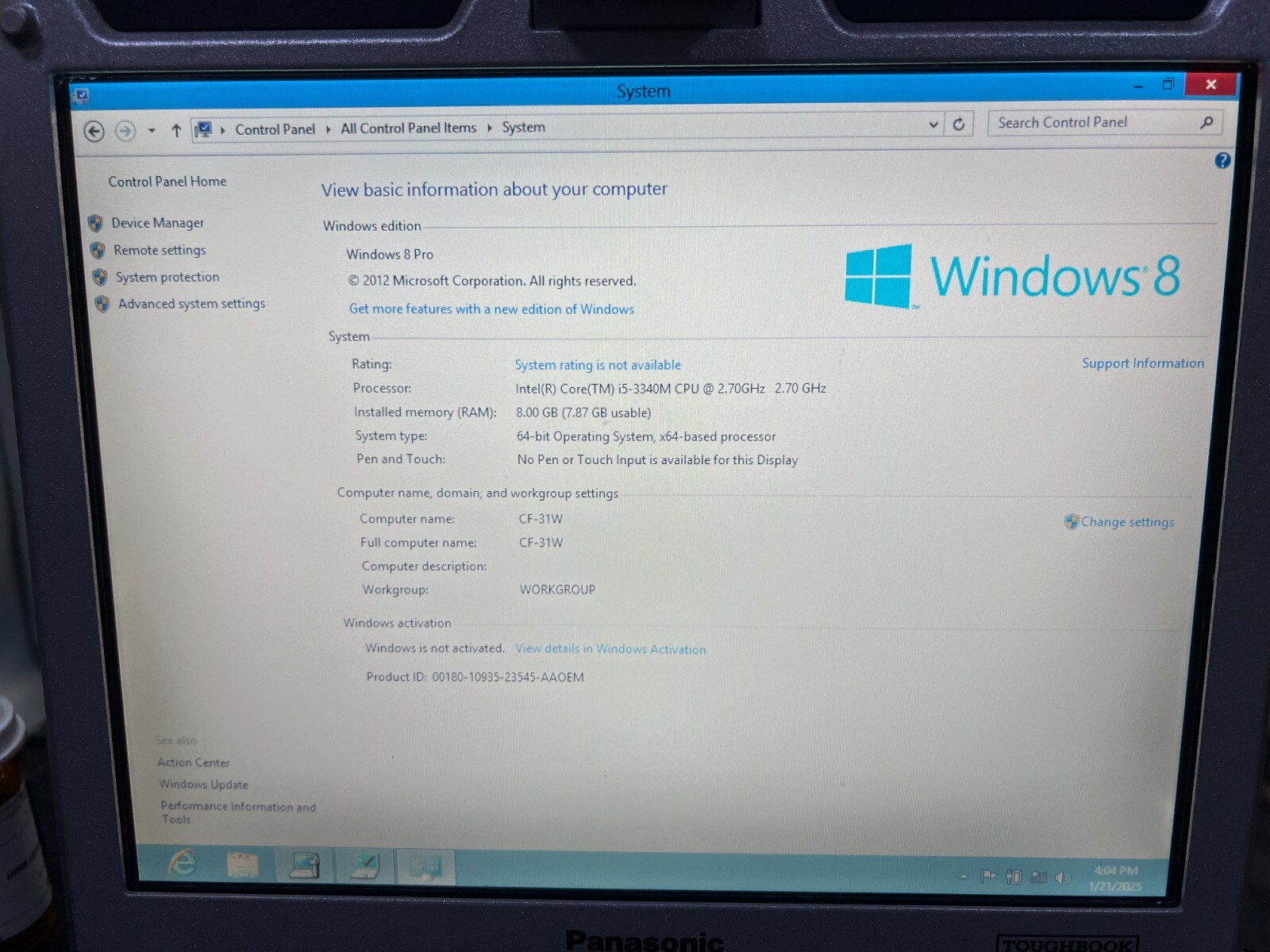 Caddy w/256GB SSD Win 8 Pro 64Bits for CF-31W =MK4 Genuine Panasonic Toughbook