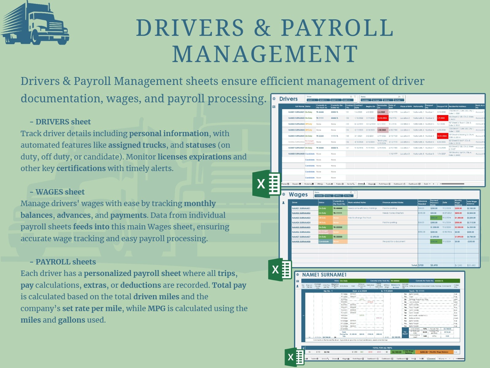All-in-One Trucking Management Excel Workbook for Trucking Business, Dispatchers