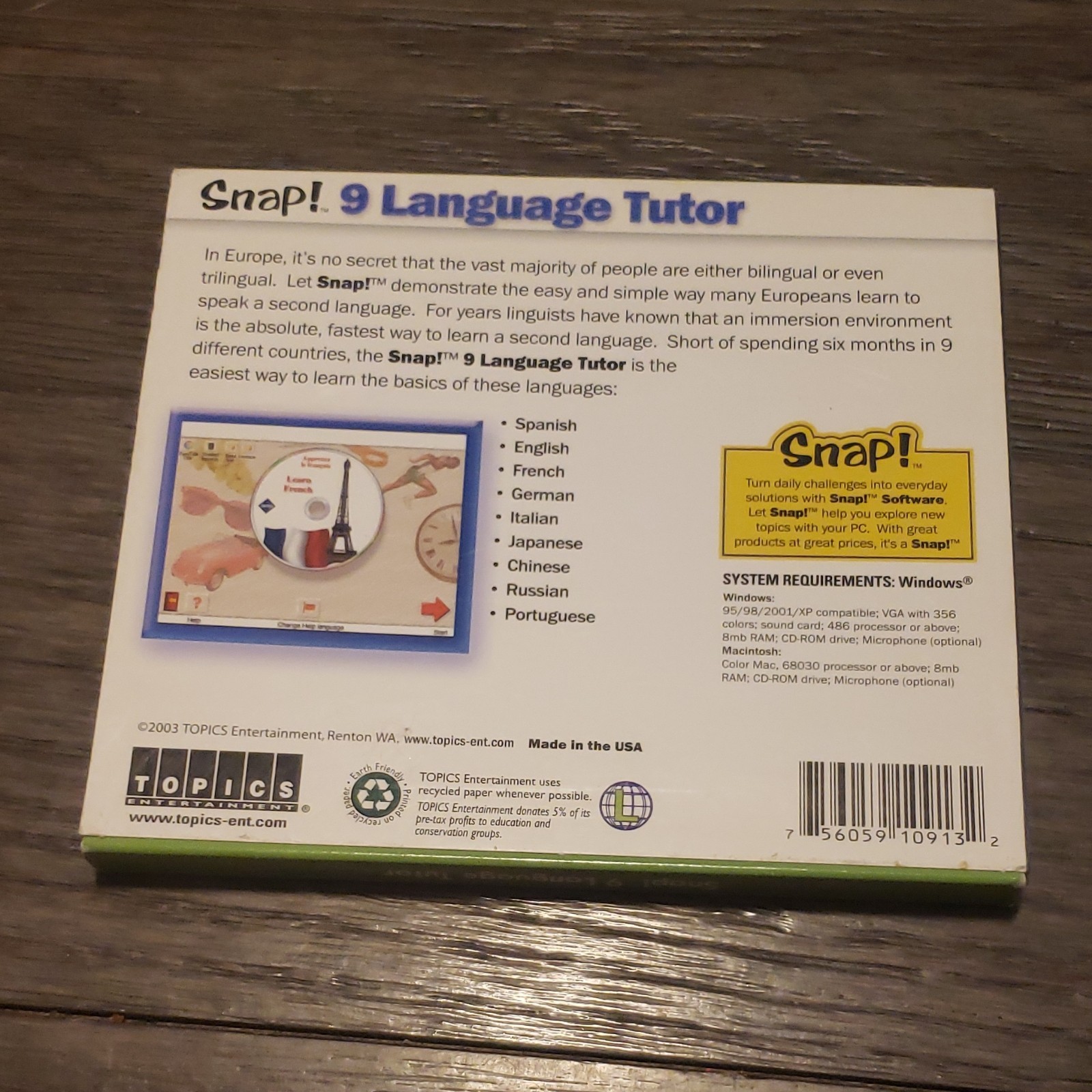 TOPICS Entertainment Snap! 9 Language Tutor CD for Windows Spanish French German