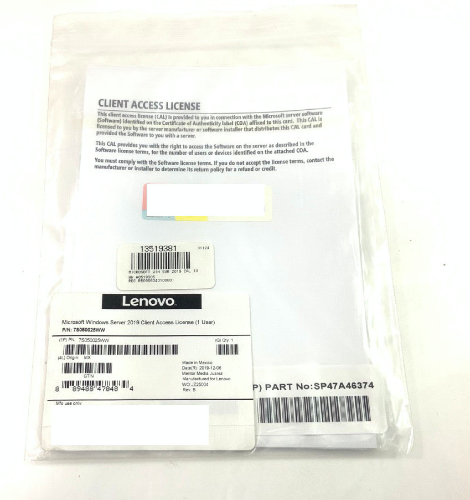 ✅ Lenovo Microsoft Server 2019 License – 1 User CAL – OEM – 7S050025WW