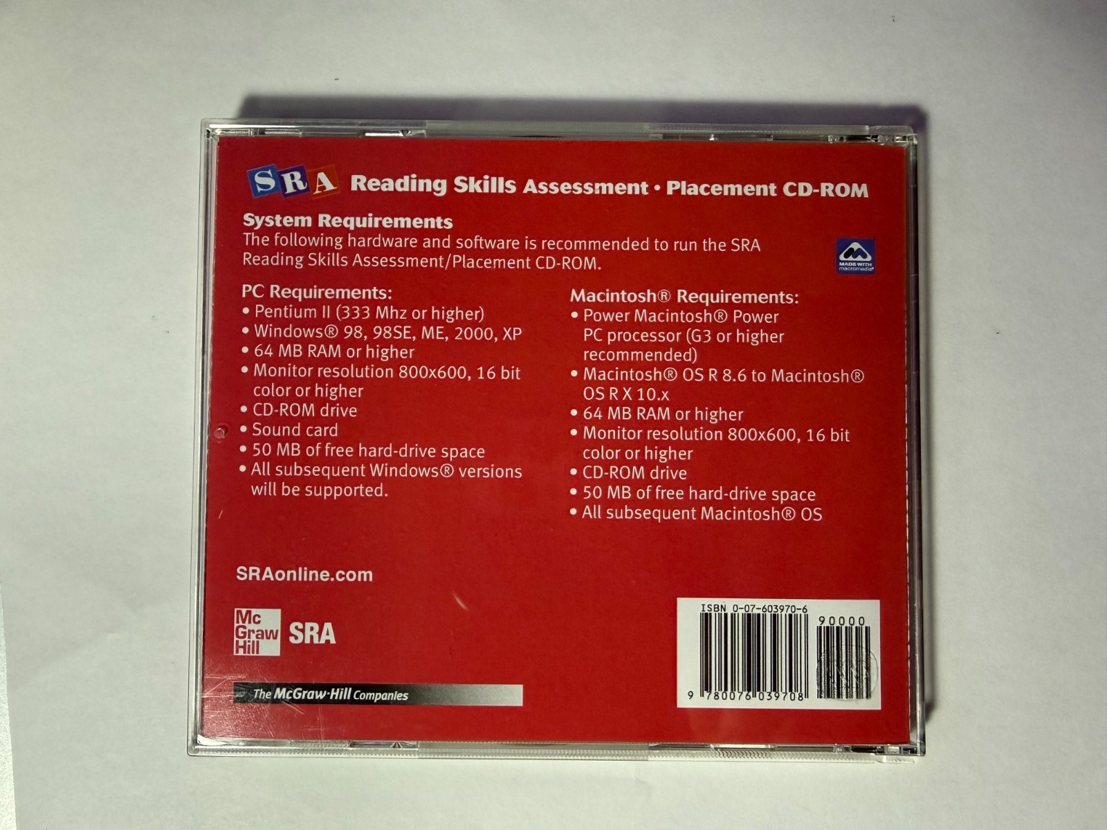 SRA : READING SKILLS – ASSESSMENT & PLACEMENT (MCGRAW-HILL) / CD-ROM / PC & MAC