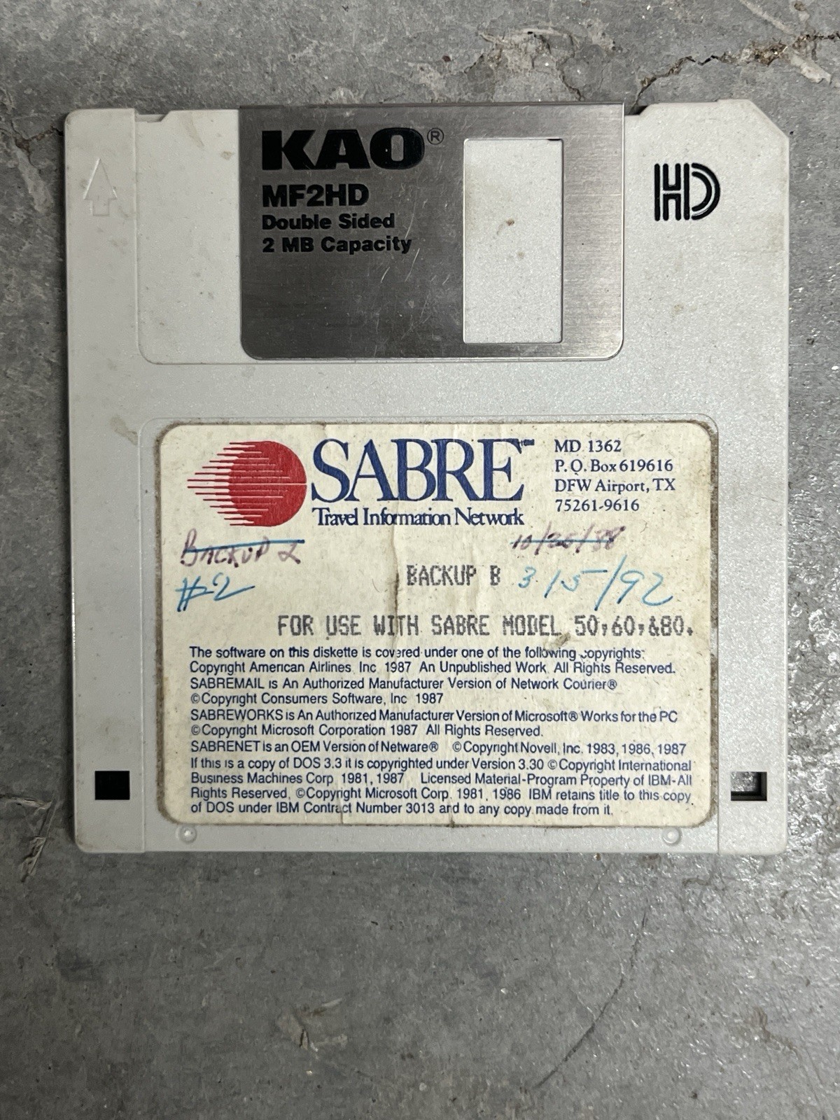 SABRE TRAVEL INFORMATION NETWORK BACKUP B 3.5” FLOPPY SOFTWARE DISC FOR 50/60/80
