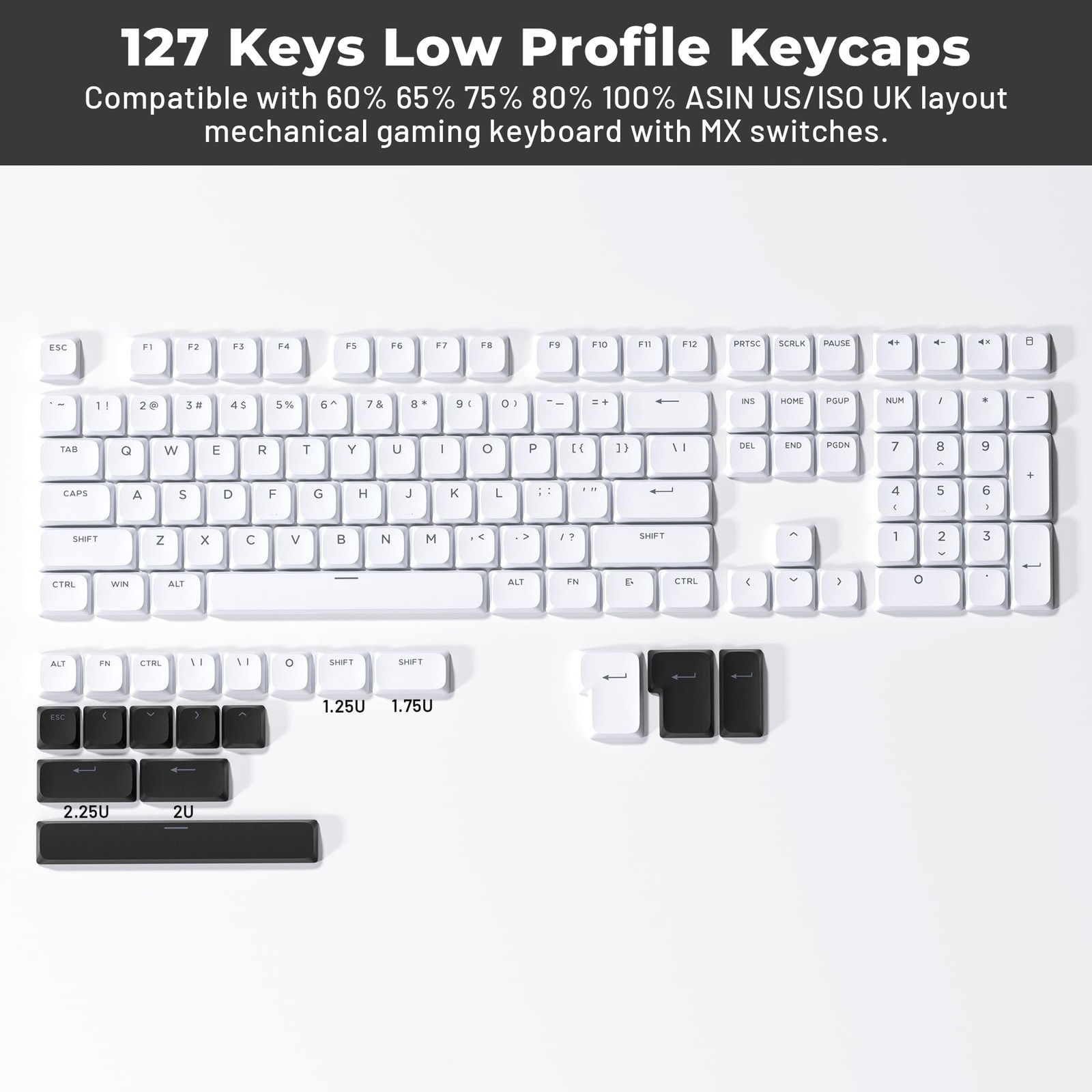 XVX Low Profile White Keycaps, Shine Through Keycap Set, Double Shot PBT Key …