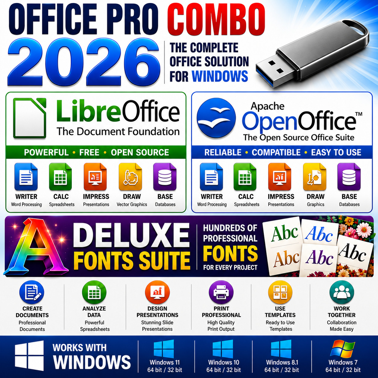 Office Pro Combo 2026 LibreOffice OpenOffice Deluxe Fonts Suite ~ Windows
