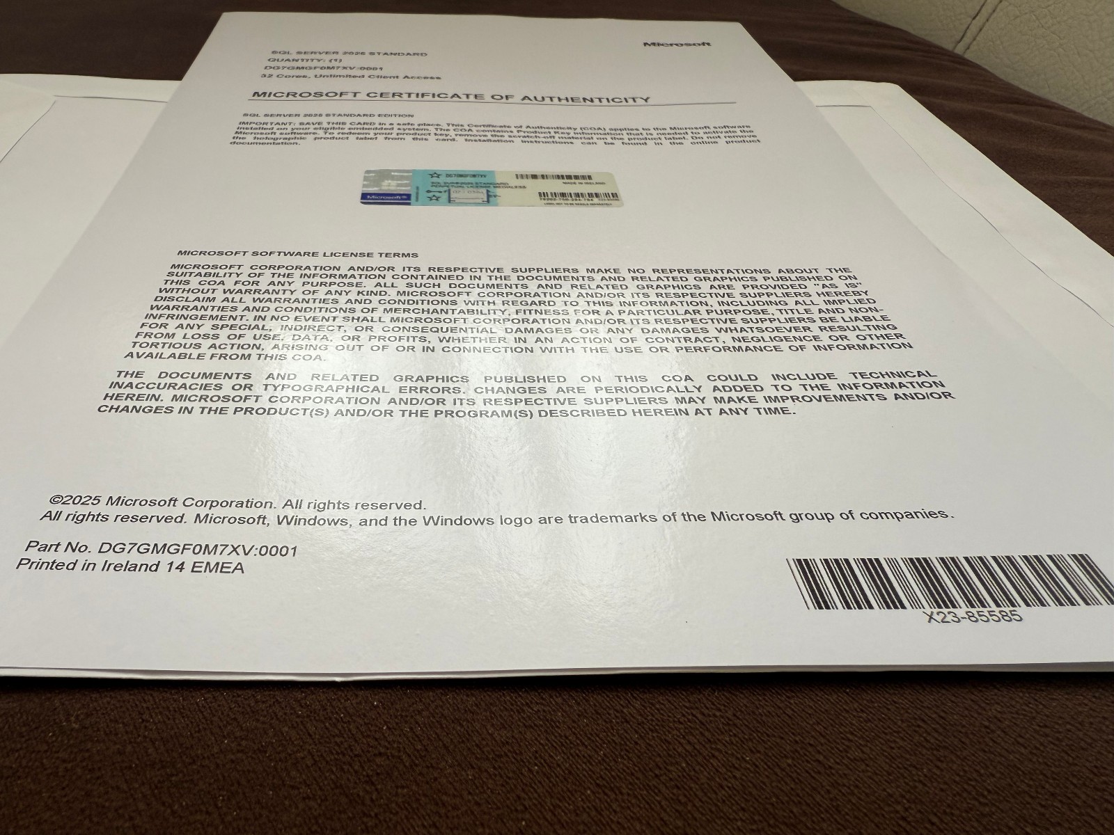 Microsoft SQL Server 2025 Standard 32 Core Unlimited User CALs CoA Authentic.