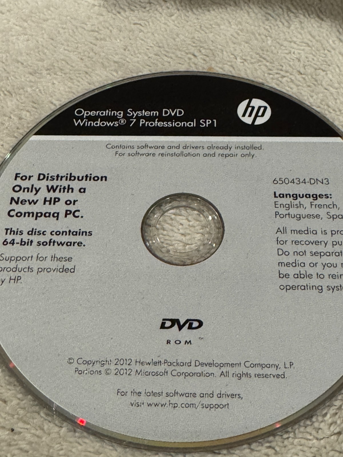 HP Operating System DVD Windows 7 Professional SP1 – CD ONLY IN GOOD CONDITION!!