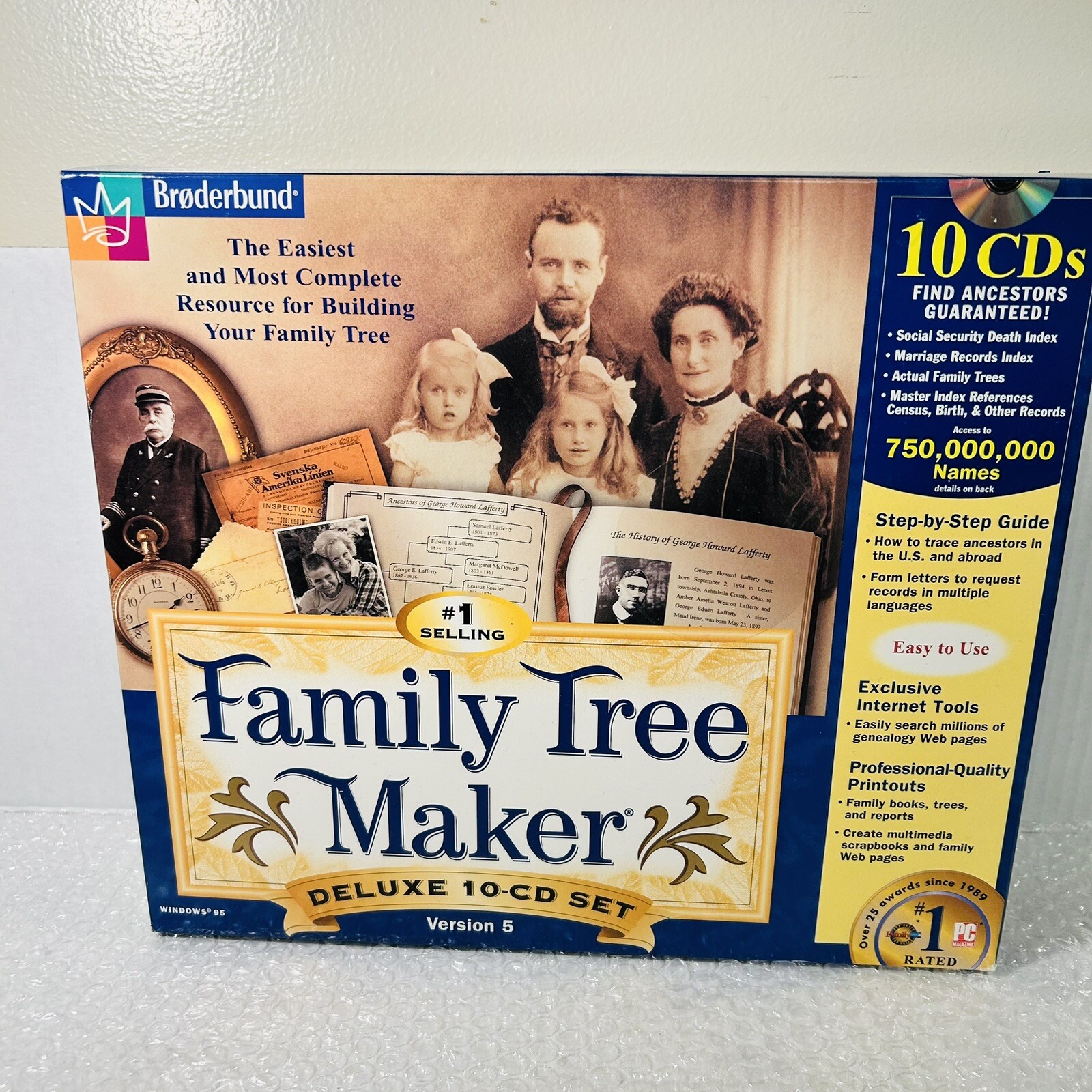 Family Tree Maker Version 5 10-CD Gift Set PC WIN 95/98 Broderbund NEW Open Box